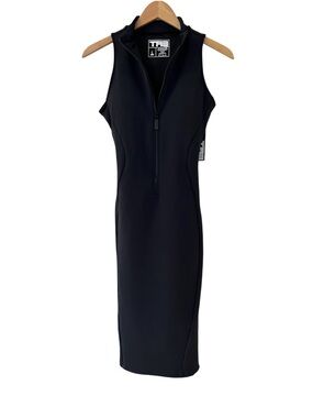 TA3 sleeveless surfy midi dress L short black cinching shaping snatched NWT